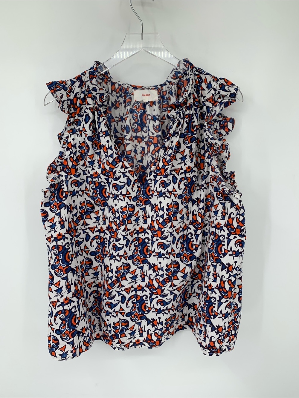 Xirena Sleeveless blouse top shirt ruffle cotton red white blue graphic X-Large